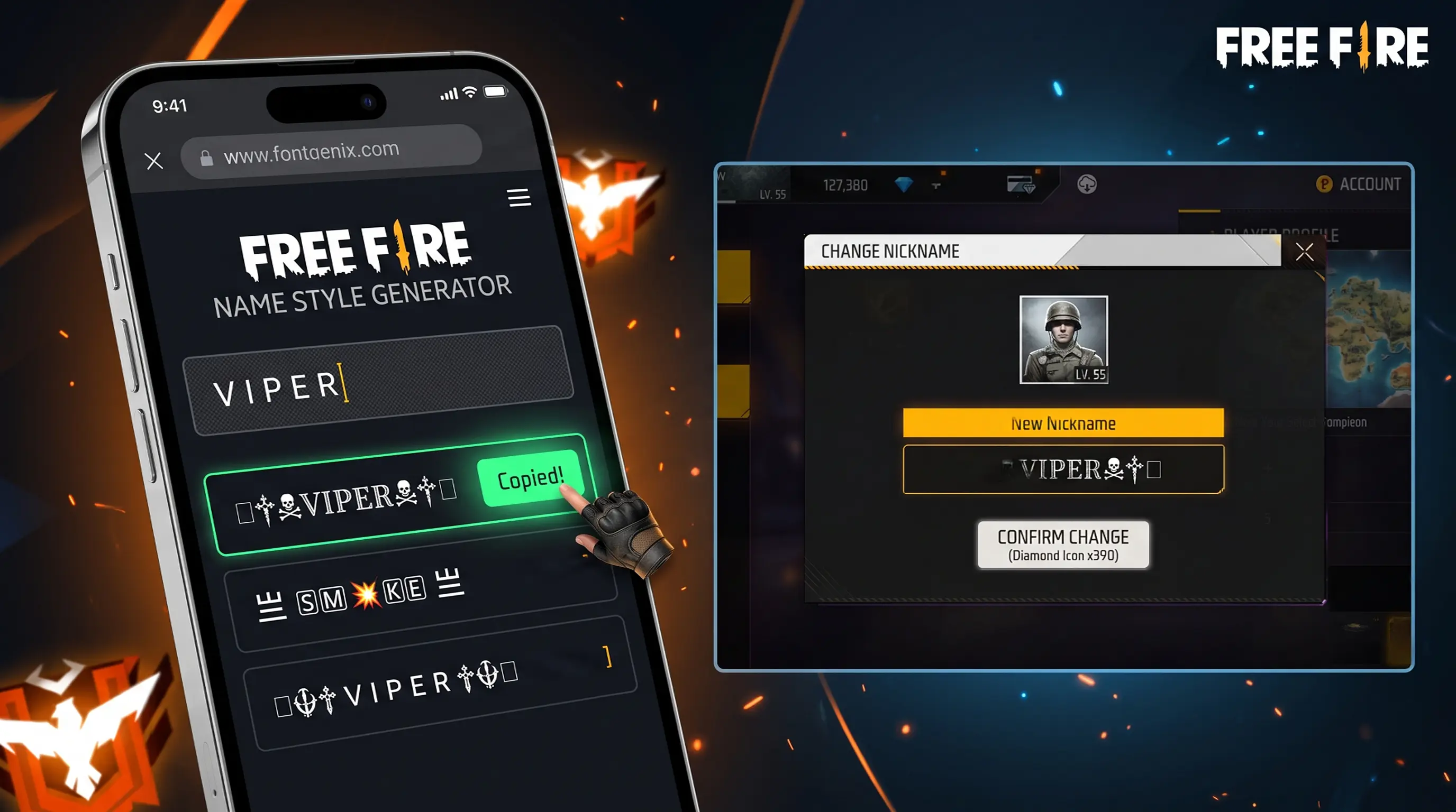 Free Fire Name Style Generator showing custom symbols, wings, and gaming nickname layouts