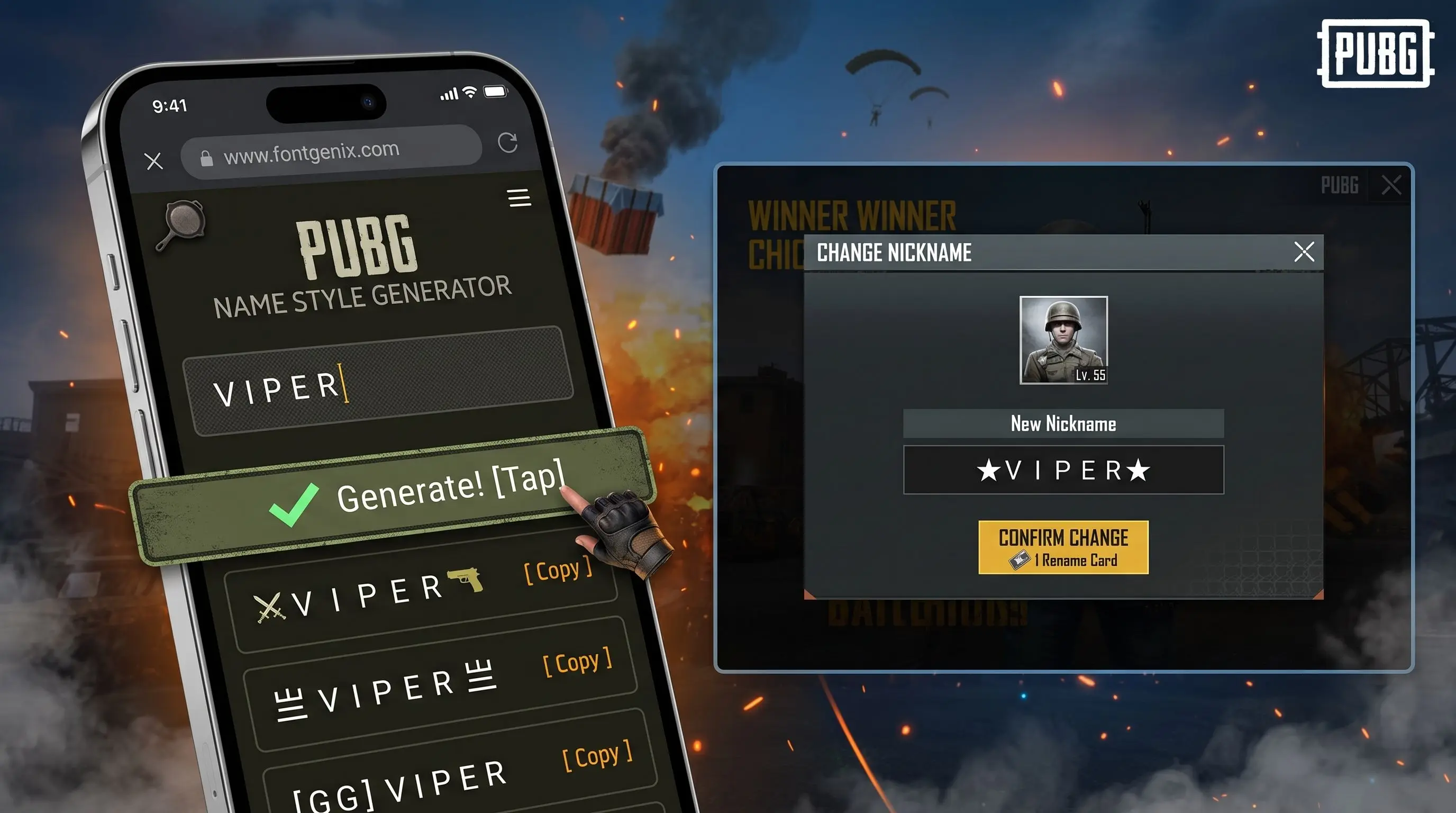 PUBG Name Style Generator showing custom sniper symbols, clan tags, and nickname designs