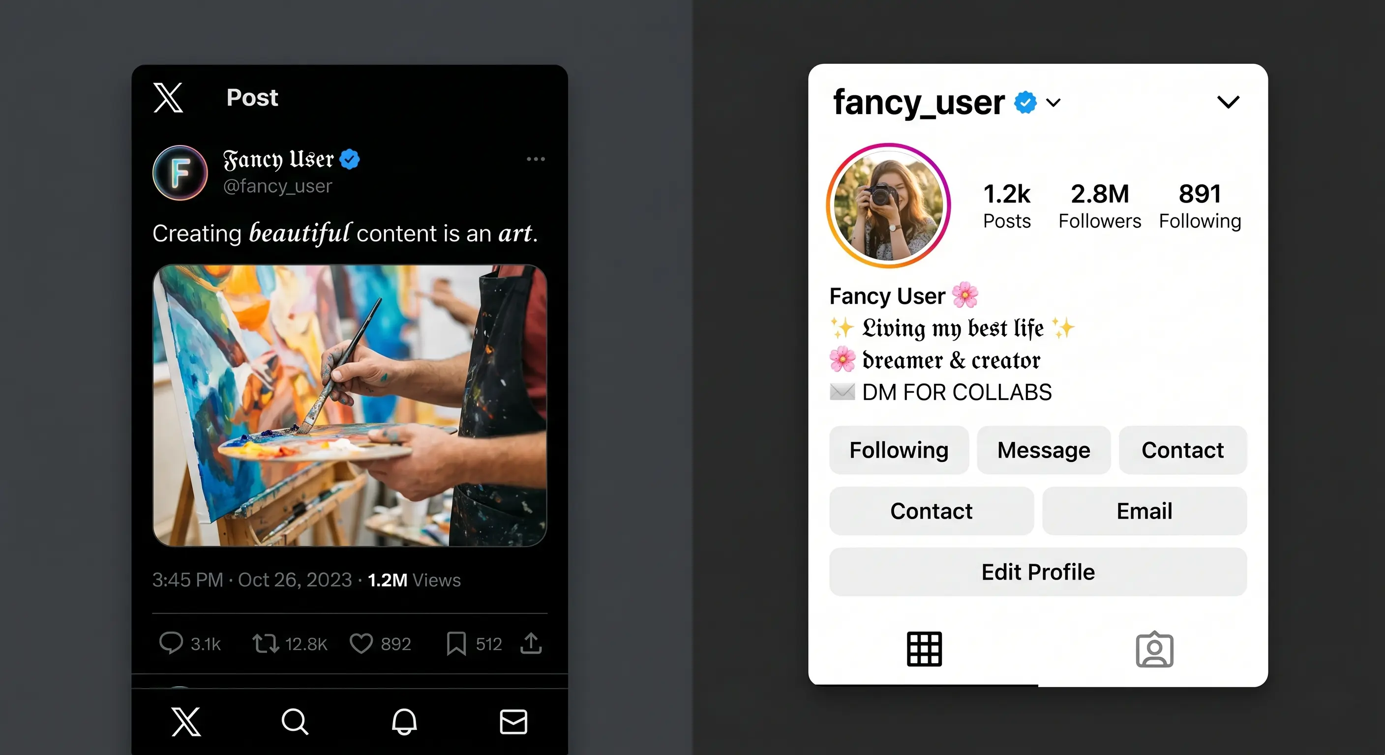 Twitter/X post and Instagram profile collage mockup showing fancy fonts in action